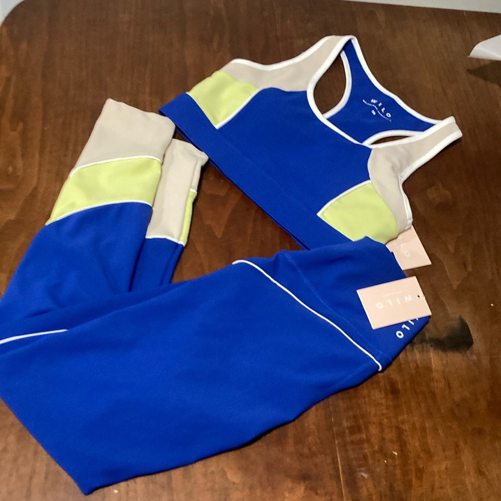 NWT Wilo The Label rib 2pk racer bra panel pant set M cobalt/lime